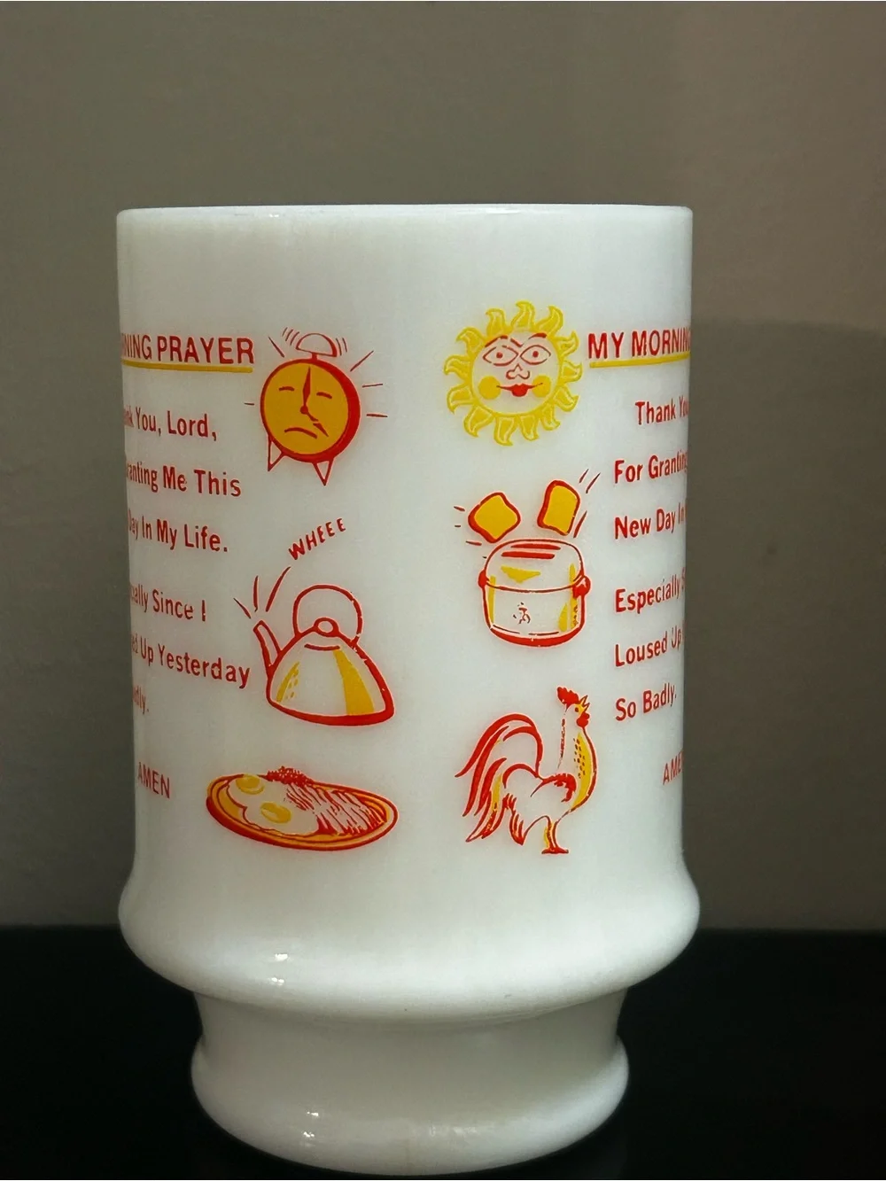 Fire King White Ceramic Coffee Mug with Red & Yellow Morning Prayer Design